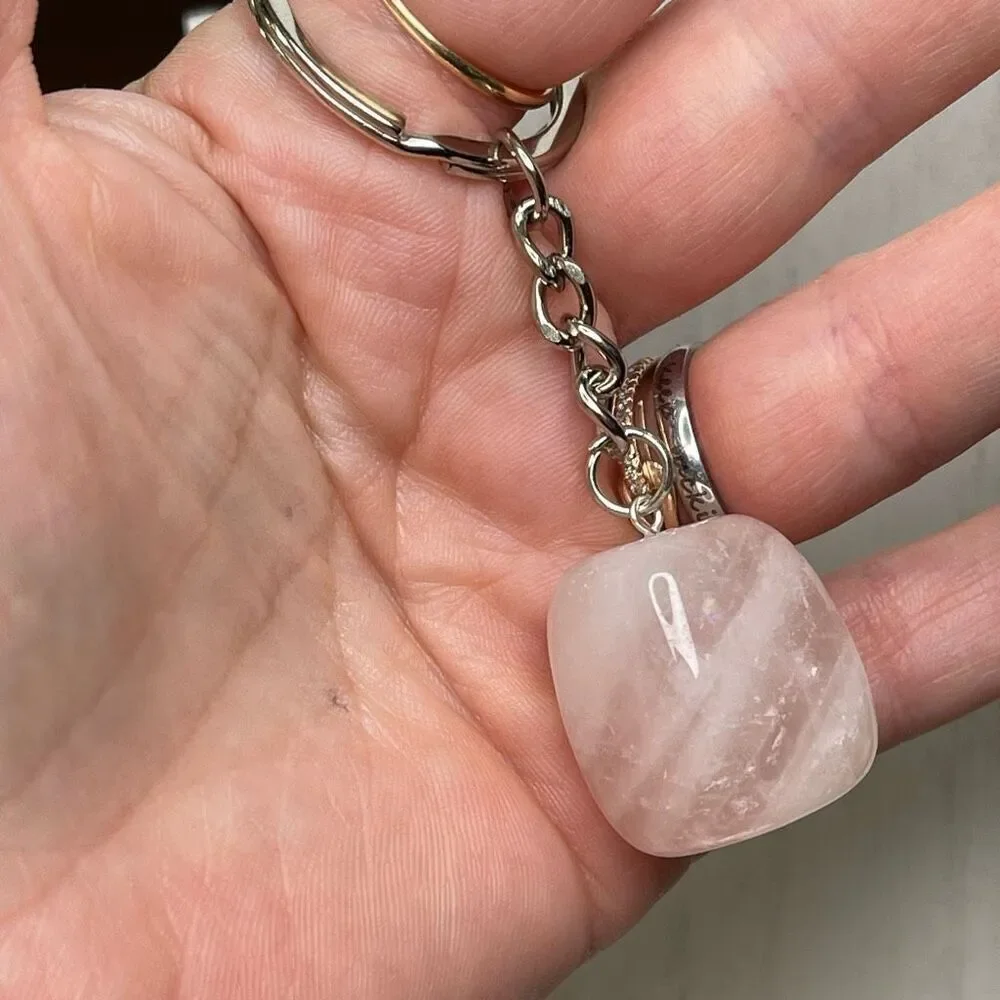 Rose quartz cube keychain key ring pendant chain NEW pink natural